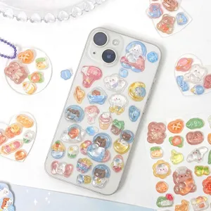 Cute 3D relief cartoon stickers applied on a white phone case for DIY decoration