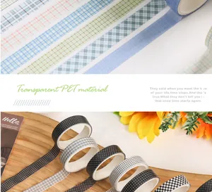 Detaillierte Ansicht von transparentem PET-Washi-Tape mit Karo- und Punktmustern.