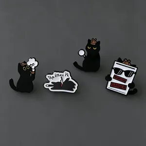 Detailed macro view of four black cat detective enamel pins set with a mysterious crime theme.