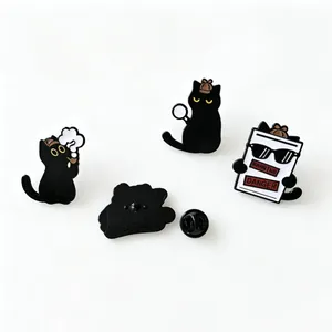 Detailed view of detective-themed black cat enamel pins with high-quality metal finish