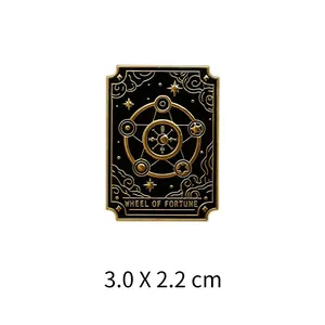 Exquisite Wheel of Fortune tarot card enamel pin badge in black and gold, 3.0 x 2.2 cm