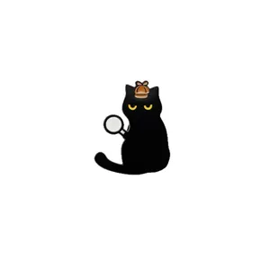 Creative black cat detective enamel pin with deerstalker hat and magnifying glass accessory.