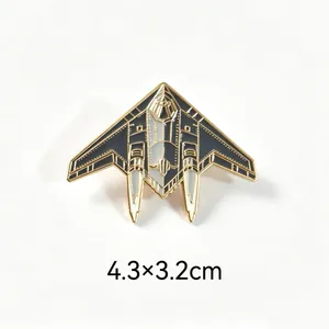 Close-up of stealth fighter jet metal enamel pin with dimensions 4.3x3.2cm for jacket