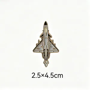 Detailed view of metal fighter jet badge brooch with dimensions 2.5x4.5cm noted below.