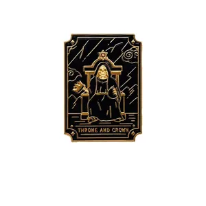 Tarot card enamel pin with Throne and Crown skeleton design in gold and black