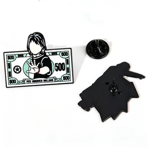Creative metal enamel pin featuring 500 dollars design and stylized celebrity character