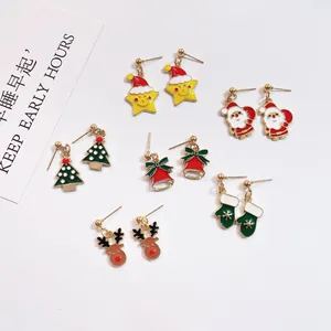 Cartoon Christmas Santa Claus Reindeer Bell Stud Earrings Enamel Alloy Jewelry With 925 Sterling Silver Post Xmas Gift