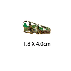 Detailed macro view of military missile launcher enamel pin badge, size 1.8 x 4.0cm.
