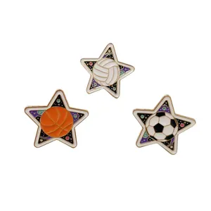 Set of three star-shaped enamel pins featuring basketball soccer and volleyball designs