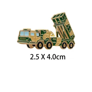 Detail showing the 2.5 x 4.0cm dimensions of this military missile launcher enamel pin.