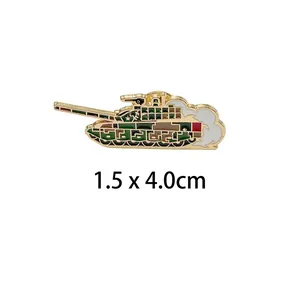 Detailed view of military tank enamel pin with dimensions 1.5 x 4.0cm