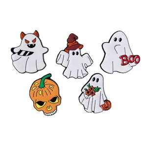 Set of 5 cute Halloween ghost and pumpkin skull enamel pins for jackets and bags.