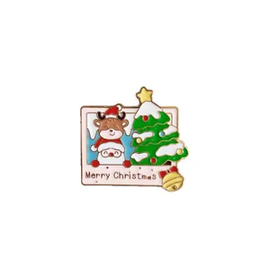 Festive Christmas enamel pin featuring a cute reindeer and Santa with a gold bell