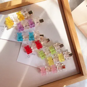 Cute Transparent Gummy Bear Hair Clips Candy Color Acrylic Resin Bear Hairpins Alloy Duckbill Clips For Women Girls Hair Accessories