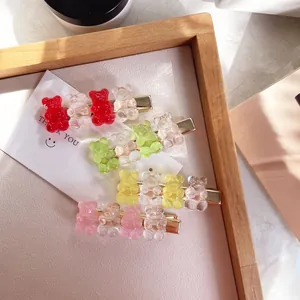 Cute transparent gummy bear hair clips set in colorful candy resin for women and girls