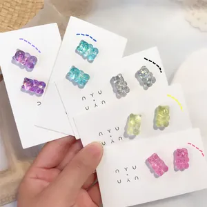 Pendientes de Botón de Osito de Goma Lindos Coreanos de Resina Color Caramelo Clips de Oreja Animal Joyería Regalo Mujer Poste de Plata de Ley 925
