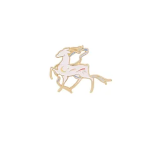 Vintage Chinese style white deer enamel brooch pin with gold trim and moon detail