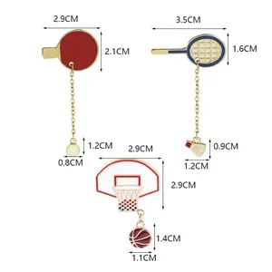 Detailed size guide for sports themed brooches including badminton and basketball pins.