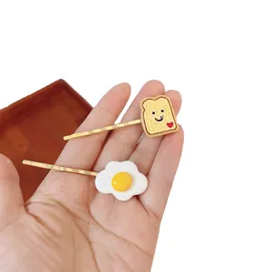 Cute handmade simulated toast and fried egg hairpins for girls' daily hair accessories
