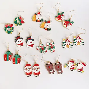 Pendientes Colgantes de Navidad Aleación de Zinc Esmalte Papá Noel Reno Muñeco de Nieve Árbol Con Poste de Plata de Ley 925 Joyería para Mujer