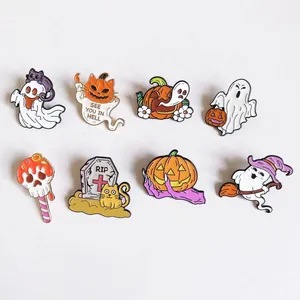 Various cute Halloween enamel pins featuring ghosts, pumpkins, and spooky designs.