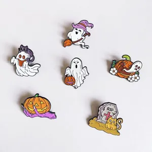 Collection of cute cartoon Halloween enamel pins with ghosts, pumpkins and cat designs