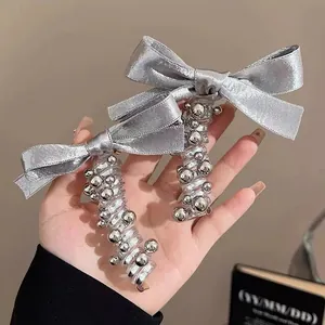 Zilvergrijs Satijn Strik Telefoonkabel Haarelastiek Voor Dames Kinderen Mode Spiraal Elastische Haarband Met Kunstparel