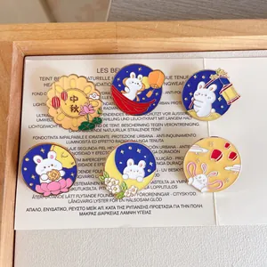 Set of 6 Mid-Autumn rabbit enamel pins with lantern and moon motifs