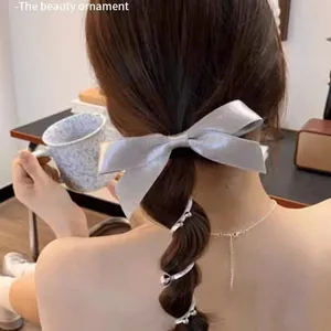 Elegante zilveren strik en parelspiraal voor een stijlvolle bubbelvlecht paardenstaart