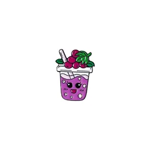 Cute cartoon purple grape milk tea cup enamel pin with a charming smiling face accessory