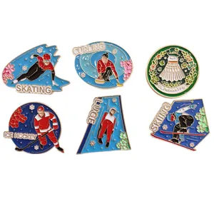Set of 6 winter sports enamel pins featuring skiing, skating, and ice hockey designs