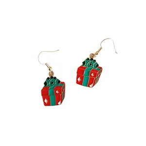 Pendientes colgantes de caja de regalo de Navidad con esmalte rojo y verde bonitos