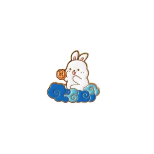 Cute cartoon rabbit metal enamel brooch with Mid-Autumn mooncake and blue cloud design