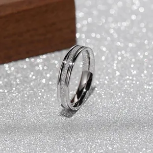 Detailed close-up showing the frosted texture of a silver titanium steel minimalist ring