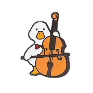 Cute cartoon white duck enamel pin playing double bass, music themed metal badge.