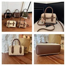 Collage showing vintage suede pillow bags in various earth-tone colors with bead tassel
