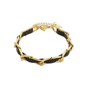 Elegant gold-plated titanium steel chain bracelet interlaced with black leather cord