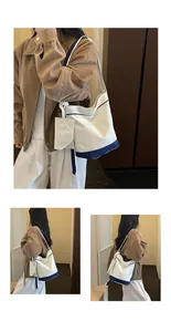 Casual Korean style white canvas tote bag with navy trim shown in multiple views