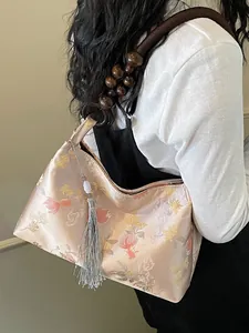 New Chinese Style Jacquard Underarm Bag For Women Vintage Floral Bucket Bag With Wooden Beads And Tassel Shoulder Bag