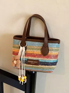 Handgewebte Strohbeuteltasche Damen Sommer Regenbogen Gestreift Strand Handtasche Mit Blumenanhänger Ledergriff Urlaubstasche