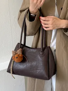 Retro brown Maillard style tote bag for women with cute bear charm