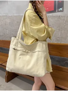 Borsa tote grande in tela crema da donna, borsa a tracolla casual ed elegante chic