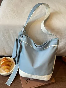 Korean style color-block canvas tote bag with large capacity for casual daily wear