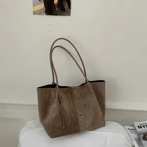 Retro brown suede tote bag for women, large capacity shoulder bag for daily commute