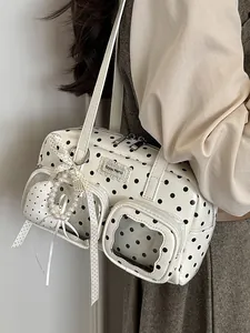 Elegant white polka dot underarm shoulder bag with decorative pearl handle for women