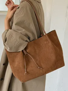 Vintage brown suede tote bag for women with large capacity and drawstring detail