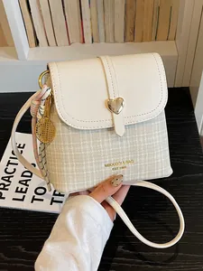 Fashion Women Patchwork Bucket Bag PU Leather Plaid Crossbody Bag Heart Buckle Daily Commute Trendy Shoulder Bag