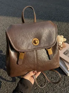 Women Fashion PU Leather Backpack Urban Minimalist Large Capacity School Bag With Cute Plush Bear Charm Retro Daily Commuter Travel Backpack