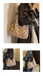 Retro polka dot suede tote bag for women featuring colorful beaded decorative charms