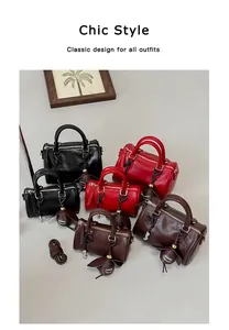 Variété de sacs Boston rétro chics en rouge, noir et marron pour des tenues élégantes.